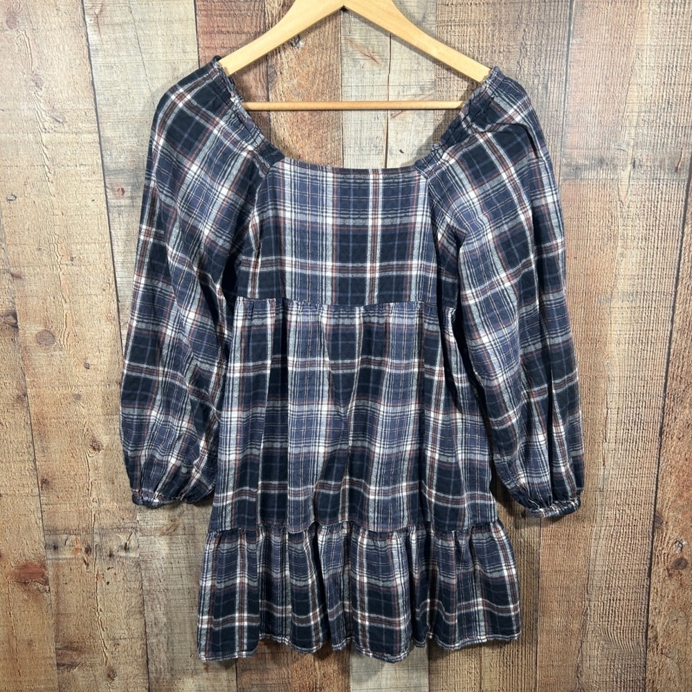 Universal Thread Plaid Peasant Mini Dress Cottagecore Prairie Blue Small Boho
